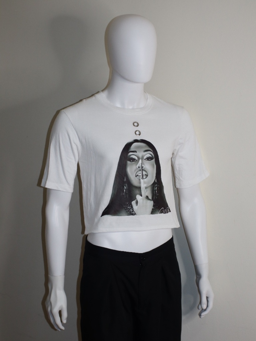 Upcycled Cardi B Short Sleeves Graphic Tee with Silver Grommet Details